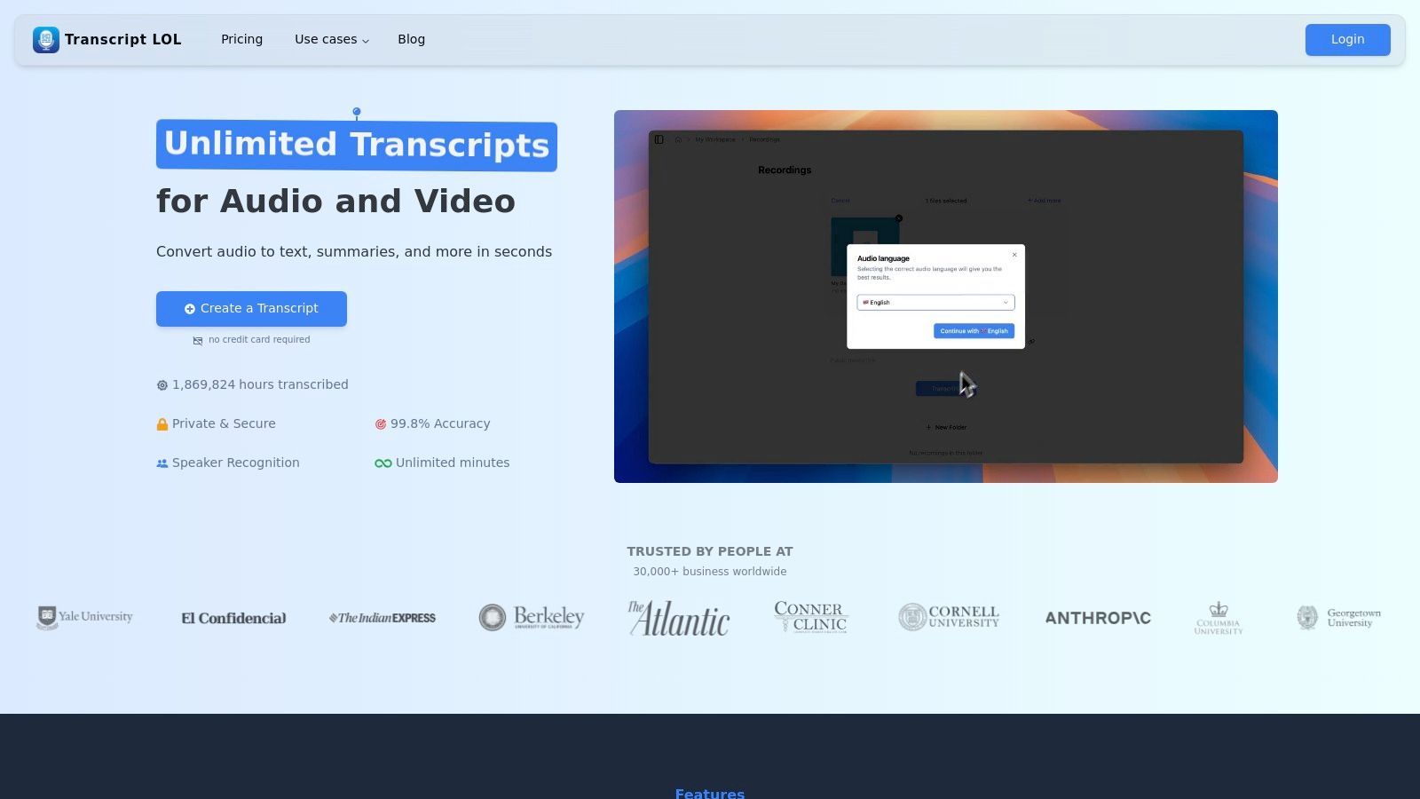 1. Transcript.LOL: Best for Accuracy and AI-Powered Content Repurposing