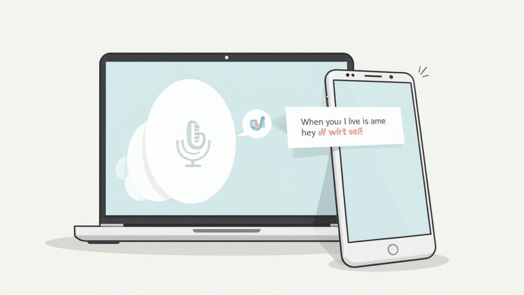 A person speaking into a laptop's microphone, with soundwaves transforming into written text on the screen.