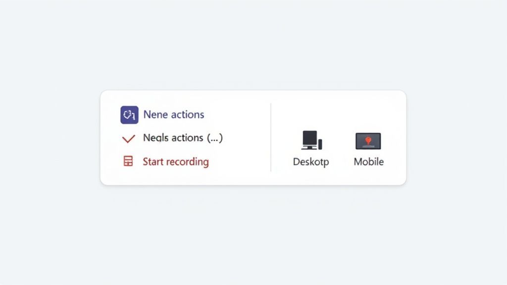 A screenshot of the Microsoft Teams interface highlighting the 'Start recording' button in the 'More actions' menu.