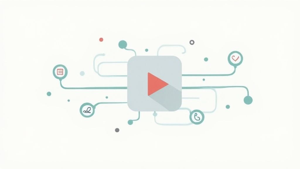 A person at a desk editing video on a computer, with text elements and graphs overlaying the image.