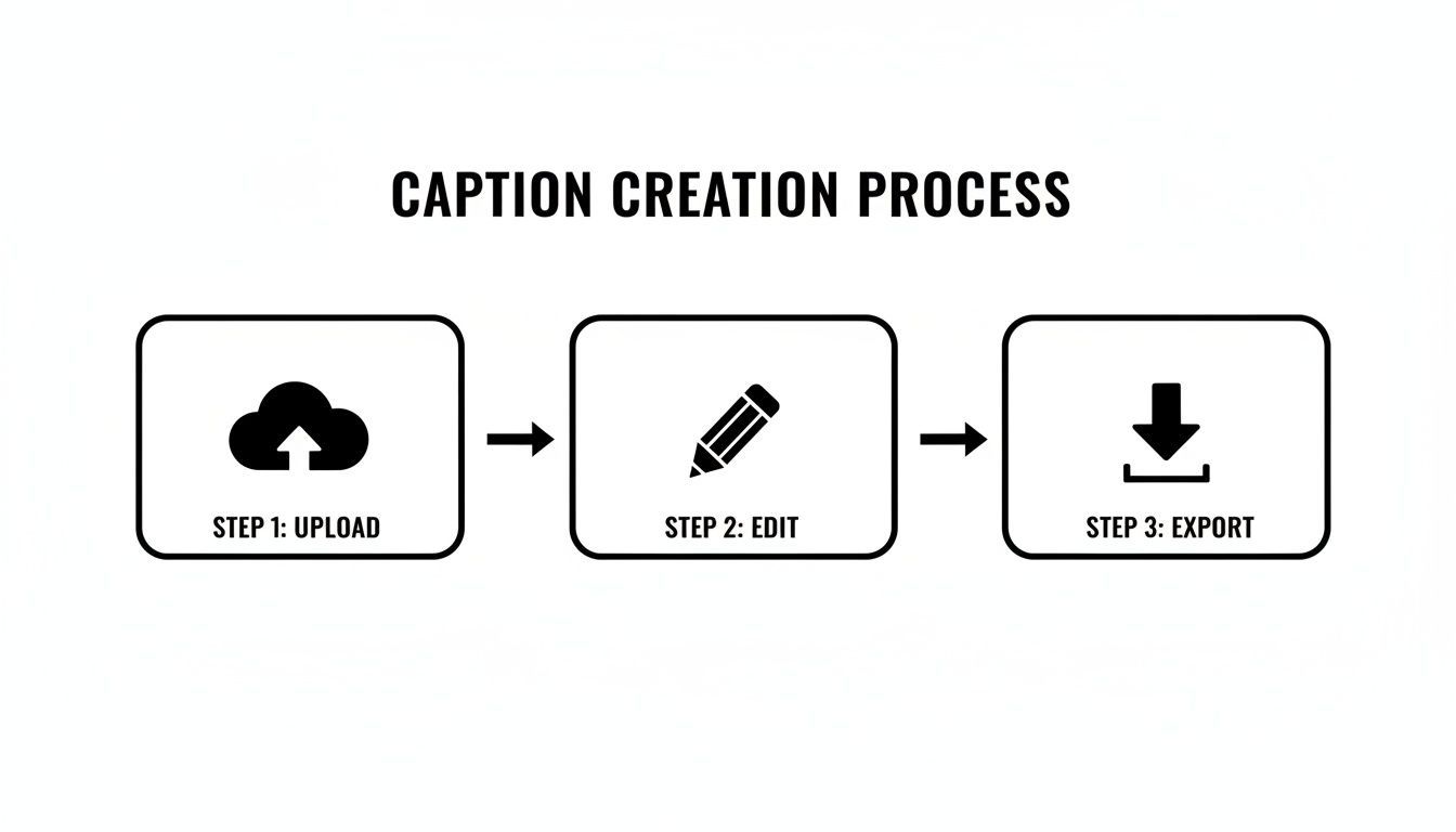 A diagram showing the caption creation process: Step 1 Upload, Step 2 Edit, Step 3 Export.