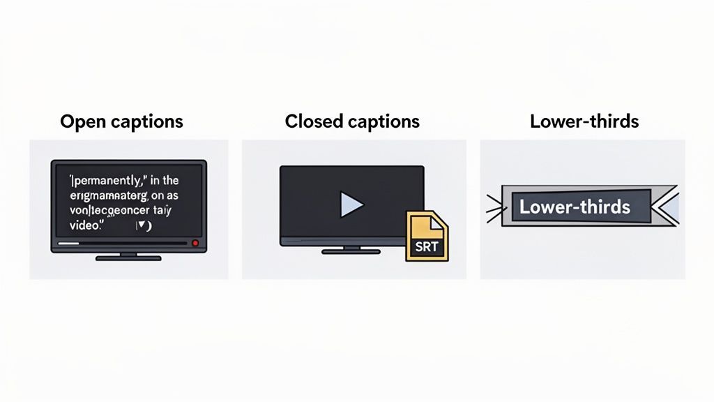 Illustration showing examples of open captions, closed captions (SRT file), and lower-thirds for video content.