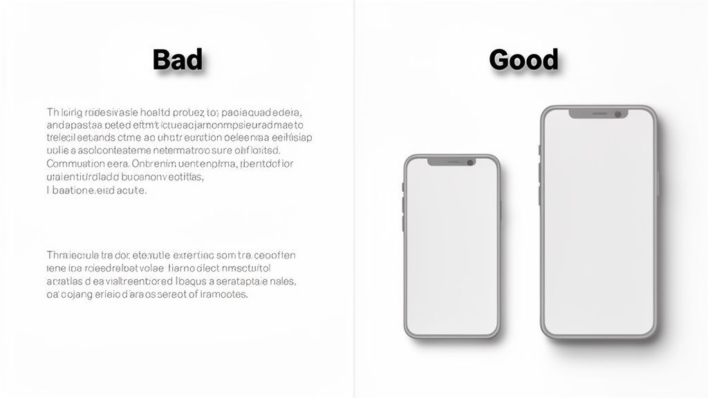 Image comparing bad, dense text content presentation with good, clean smartphone screen design.