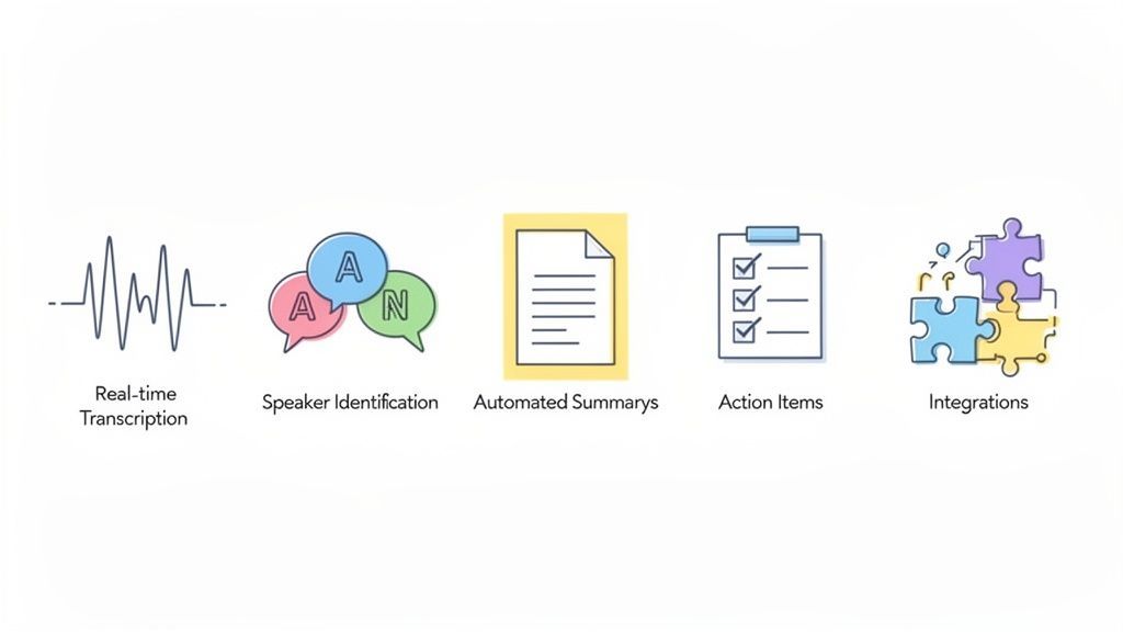 Icons representing AI meeting assistant features: real-time transcription, speaker identification, automated summaries, action items, and integrations.