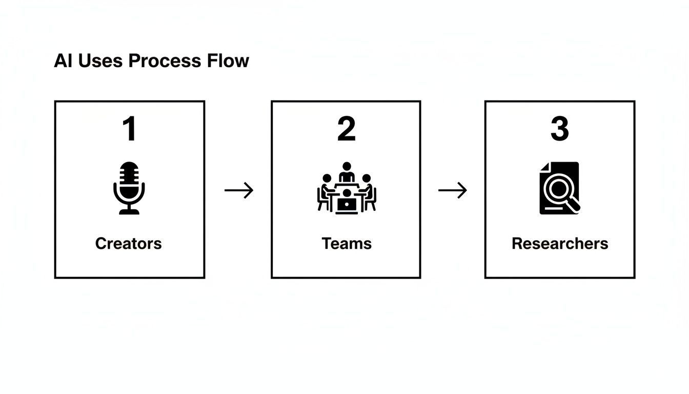 A process flow diagram shows AI uses: Creators (microphone) -> Teams (meeting) -> Researchers (document with magnifying glass).