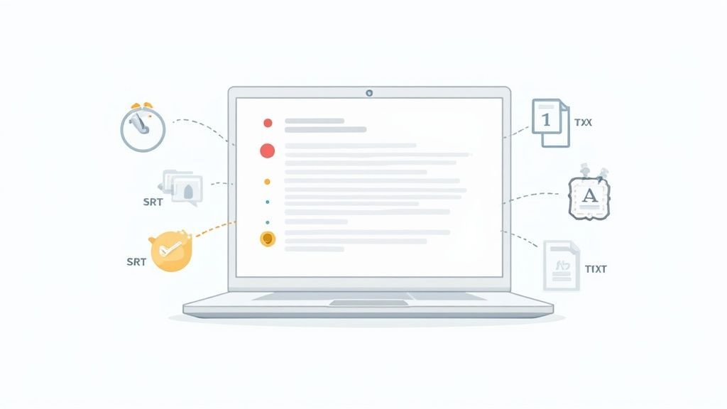 A laptop screen displays text linked to diverse file icons (SRT, TXX, TIXT) and a stopwatch.