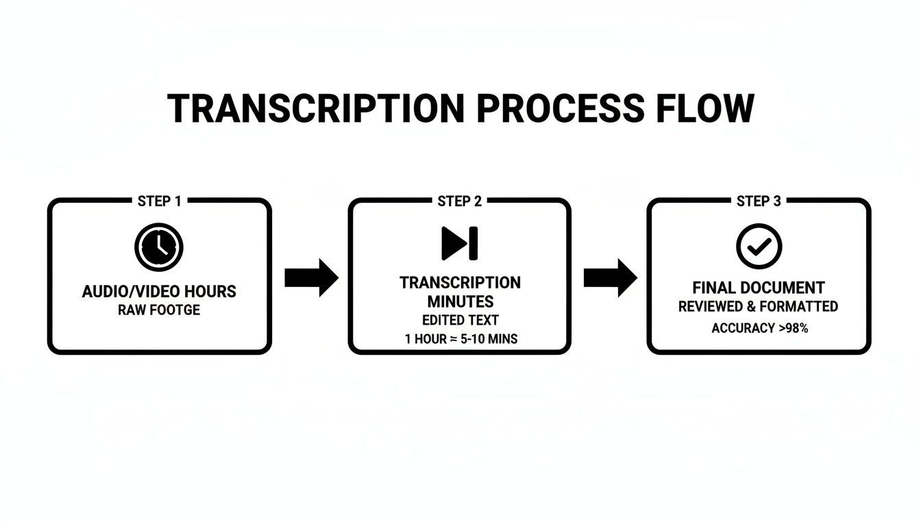 A transcription process flow diagram illustrating three steps from raw audio/video to a final reviewed document.
