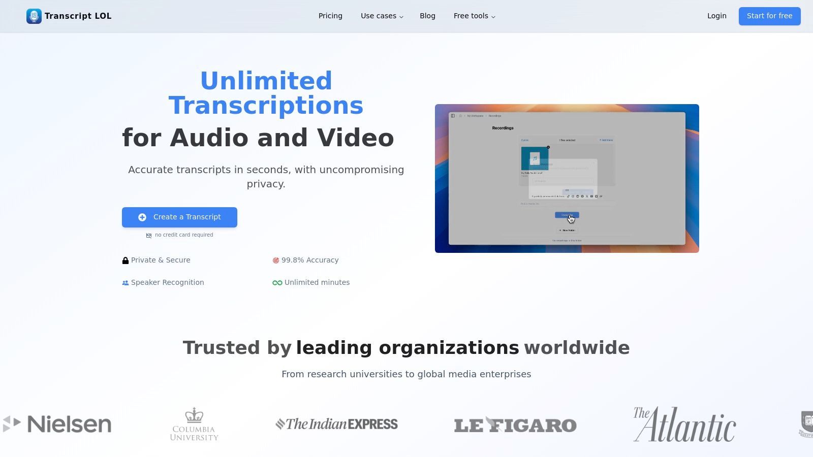 Une capture d'écran du tableau de bord de Transcript.LOL montrant un fichier audio transcrit avec des étiquettes de locuteurs et des horodatages.