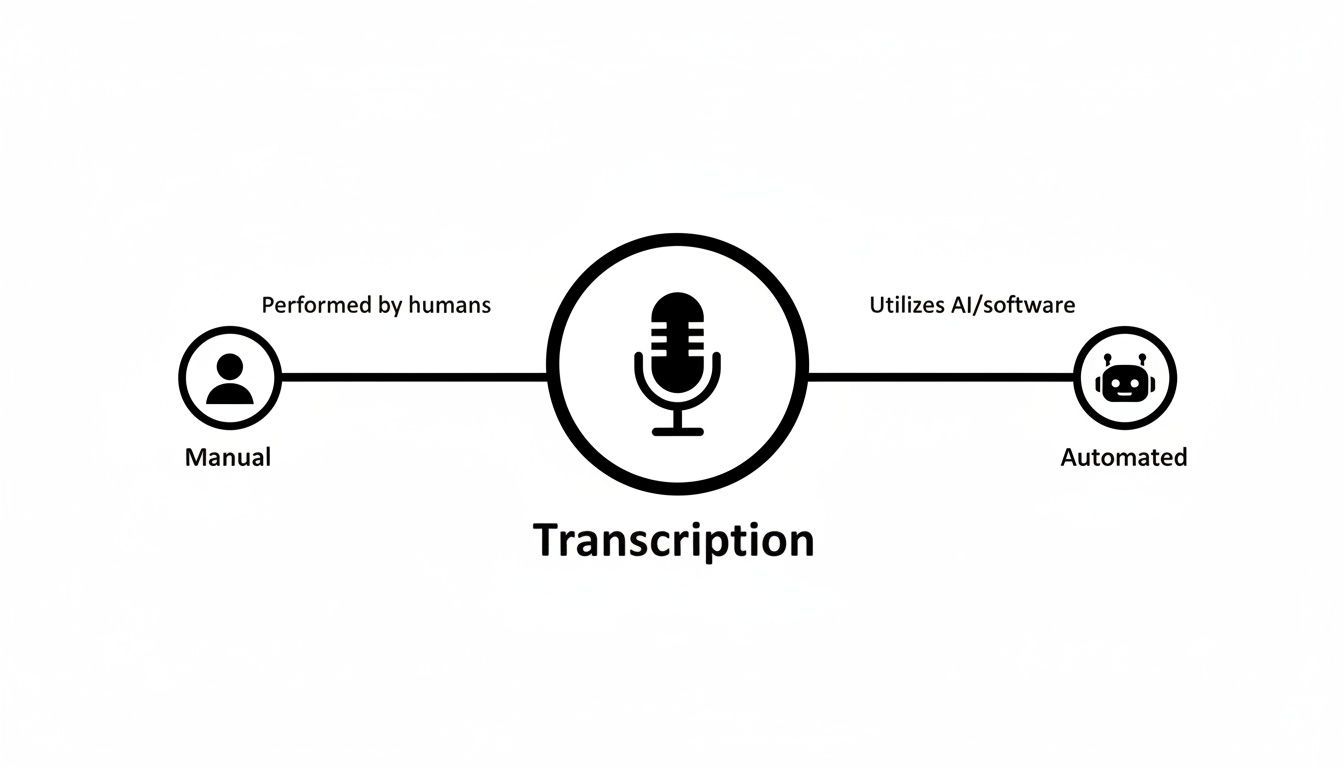 Diagramme montrant les méthodes de transcription : processus manuels (humains) et automatisés (IA/logiciel).