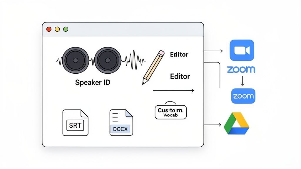 Diagramme montrant les fonctionnalités d'un logiciel de transcription audio automatisé : identification des intervenants, édition, vocabulaire personnalisé et options de sortie incluant SRT, DOCX, Zoom et Google Drive.