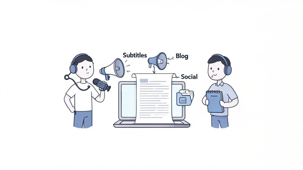 Illustration de la transcription audio transformant la parole en sous-titres, articles de blog et contenu de médias sociaux.