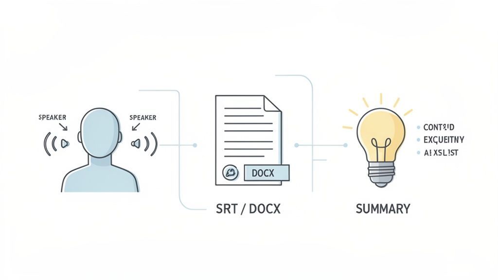 Diagram illustrates the process of converting speaker audio into SRT/DOCX text documents, then summarizing the content into key insights.