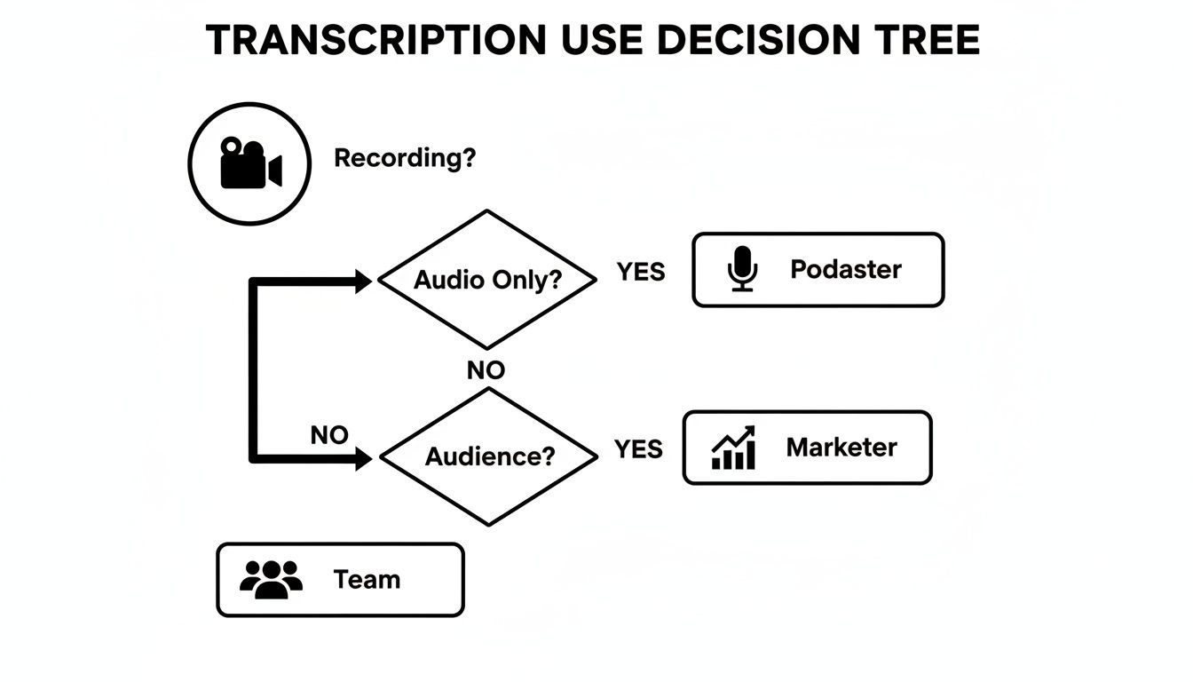 A decision tree illustrating transcription use cases for podcasters, marketers, and teams.