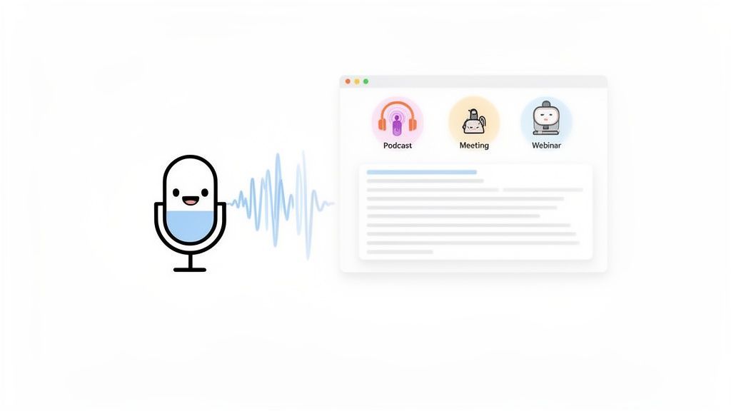 A cartoon microphone with sound waves connects to a software interface for transcribing podcasts, meetings, and webinars.