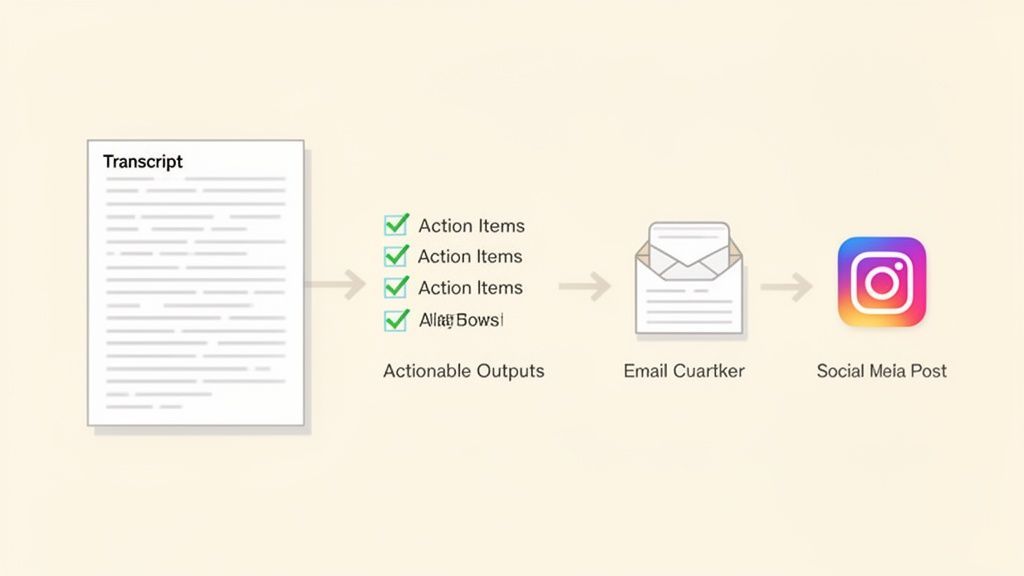 Workflow diagram showing a transcript processed into actionable outputs, an email, and a social media post.