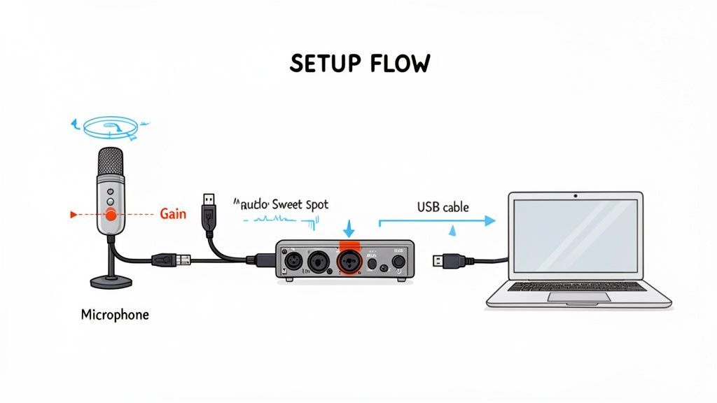 Diagram illustrating the setup flow for audio recording with a microphone, audio interface, and laptop.