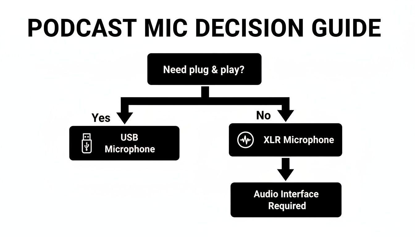 Flowchart guiding podcast microphone choice: USB for plug and play, XLR requires an audio interface.