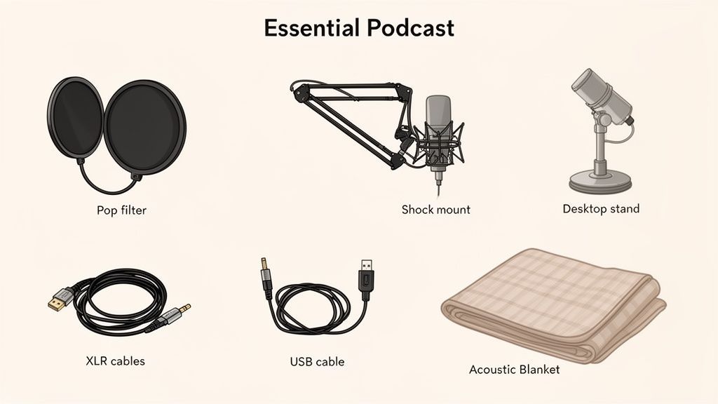 Illustration of essential podcast equipment, including microphones, pop filter, cables, and an acoustic blanket.