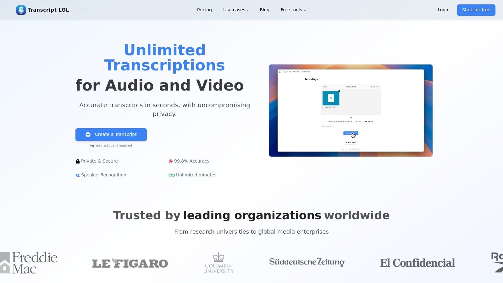 Transcript.LOL's user interface showcasing its AI-powered transcription and summarization features for an interview recording.