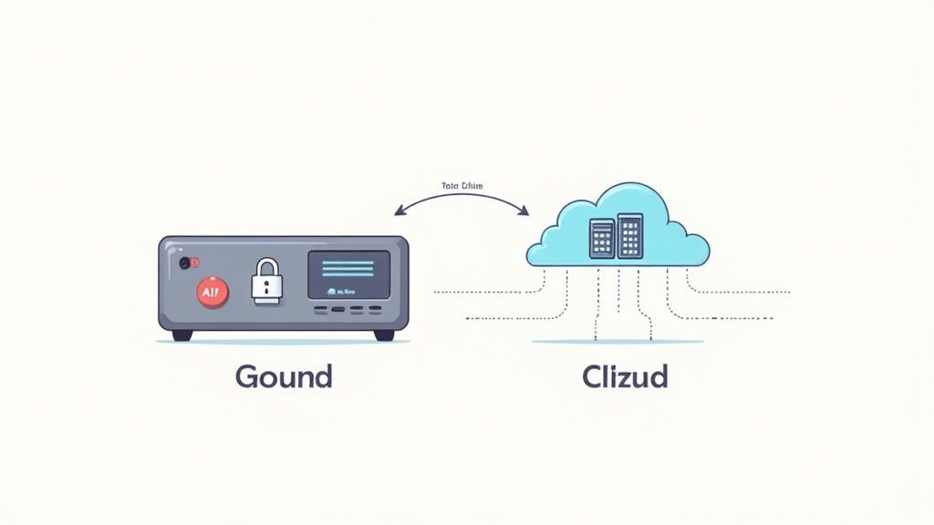 A security diagram shows a local device 'Gound' with a lock icon connected to 'Clizud' cloud servers.