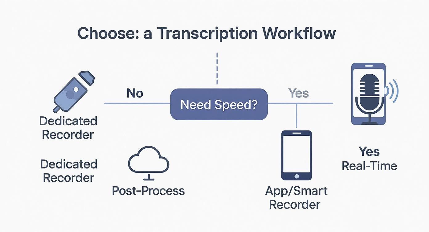 Flowchart detailing transcription workflow choices: dedicated recorder for post-processing or app/smart recorder for real-time speed.