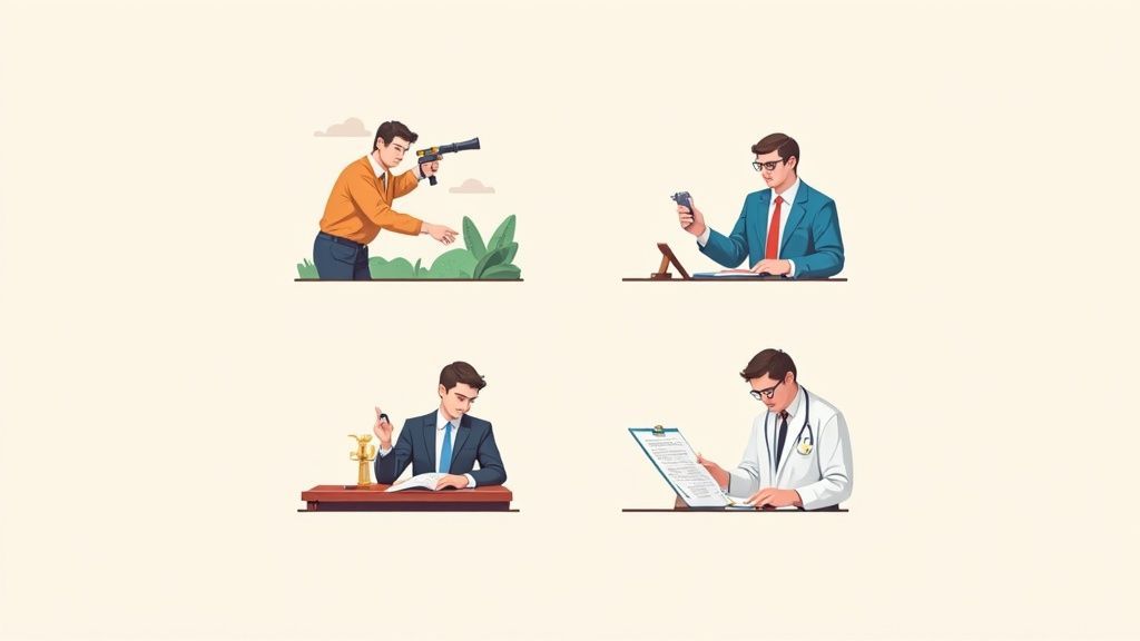 Four illustrations of men in different professions: a hunter, a businessman, a lawyer, and a doctor.