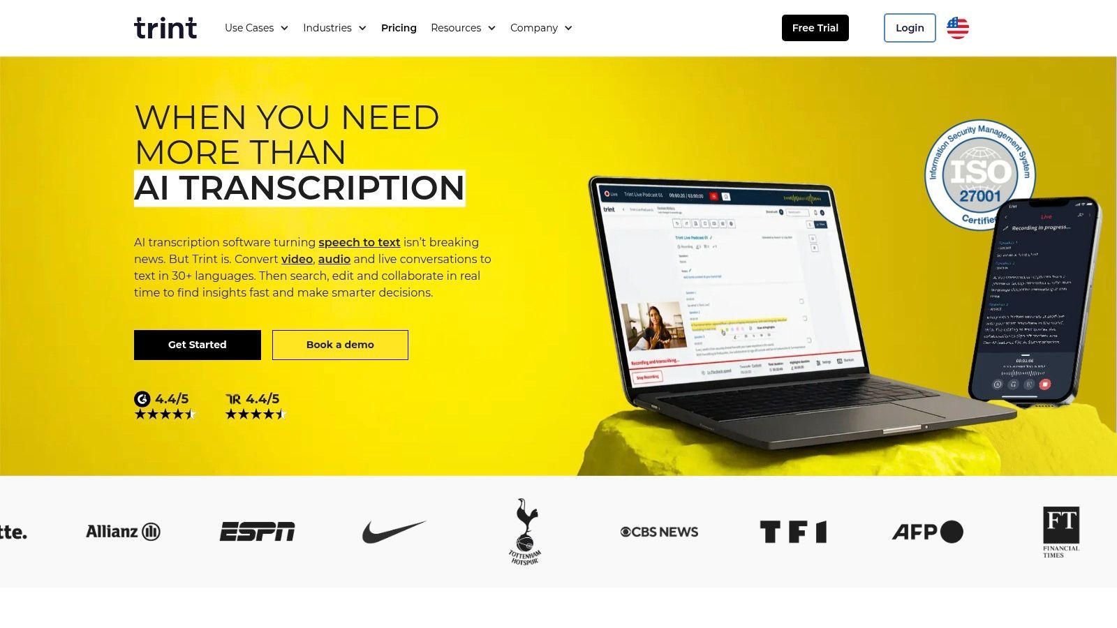 Interface de transcription et de collaboration IA de Trint