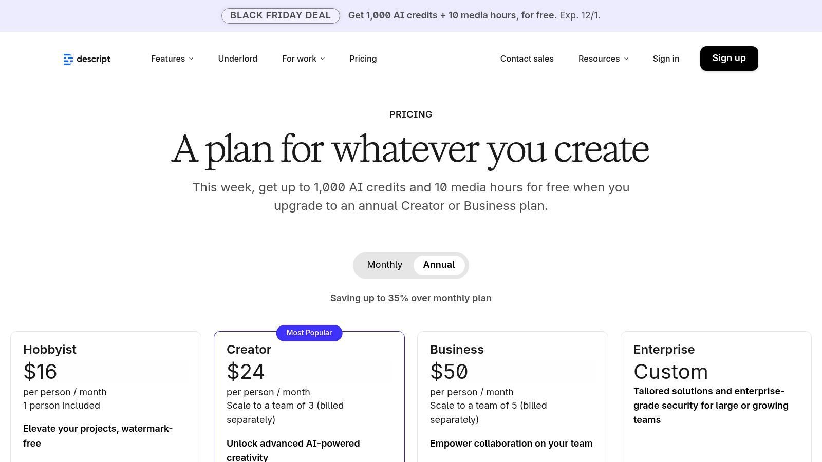 Plans tarifaires de Descript pour ses différentes formules d'abonnement