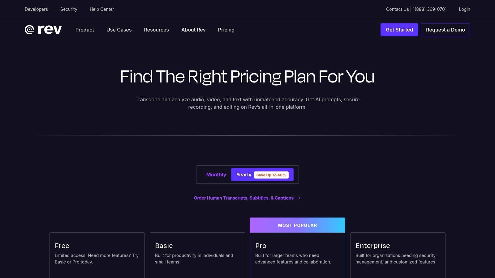 Plans tarifaires de Rev pour la transcription par IA et humaine