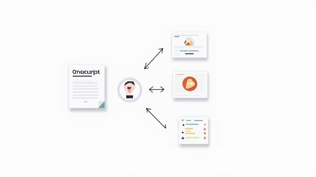 A magnifying glass hovering over a lightbulb, symbolizing the discovery of new content ideas