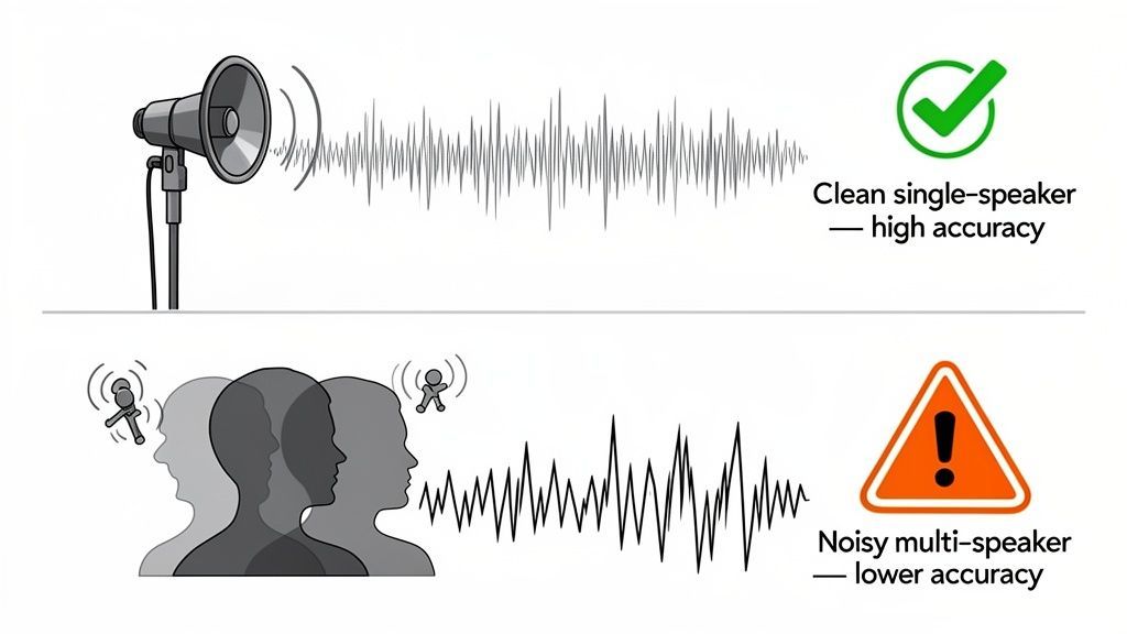 Una ilustración que compara audio limpio de un solo hablante con alta precisión con audio ruidoso de varios hablantes con menor precisión.