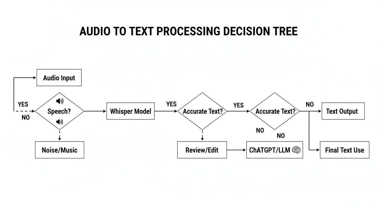Diagrama de flujo de árbol de decisión que muestra el procesamiento de audio a texto, incluyendo detección de voz, Modelo Whisper, revisión y uso de LLM.