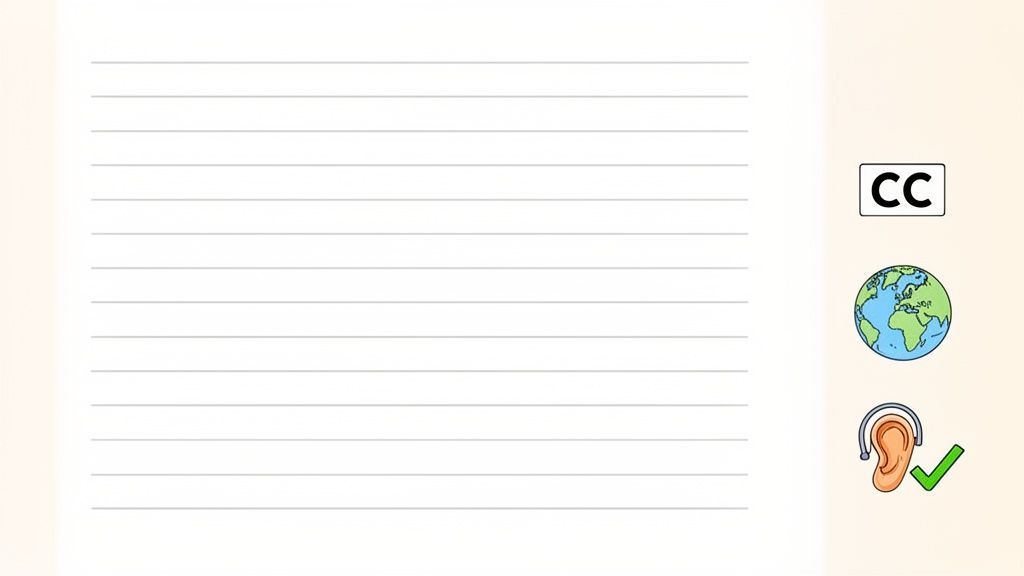 Blank lined paper with icons for closed captions (CC), global language, and audio accessibility.