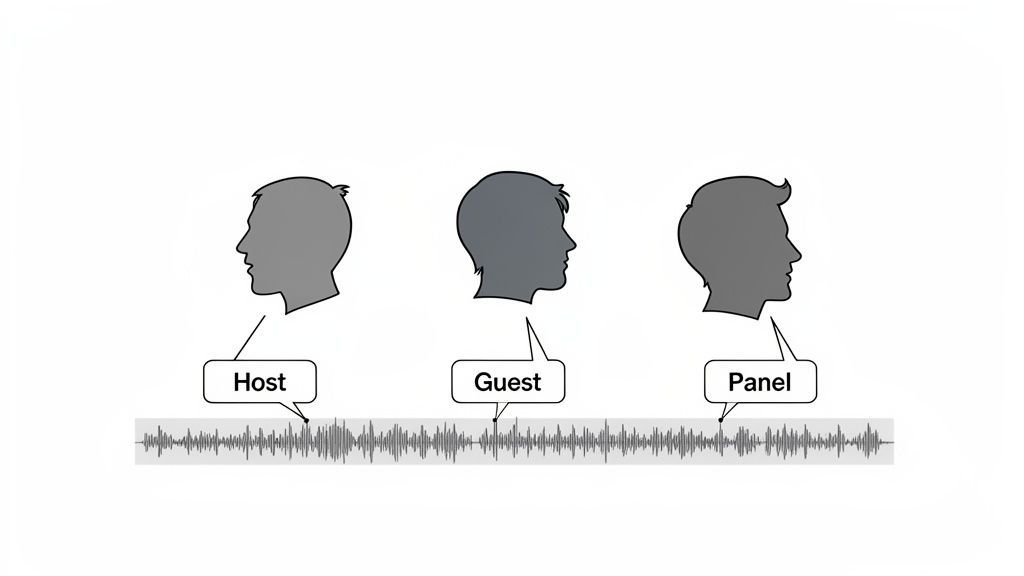 Illustration showing three speaker roles: Host, Guest, and Panel, associated with an audio waveform.