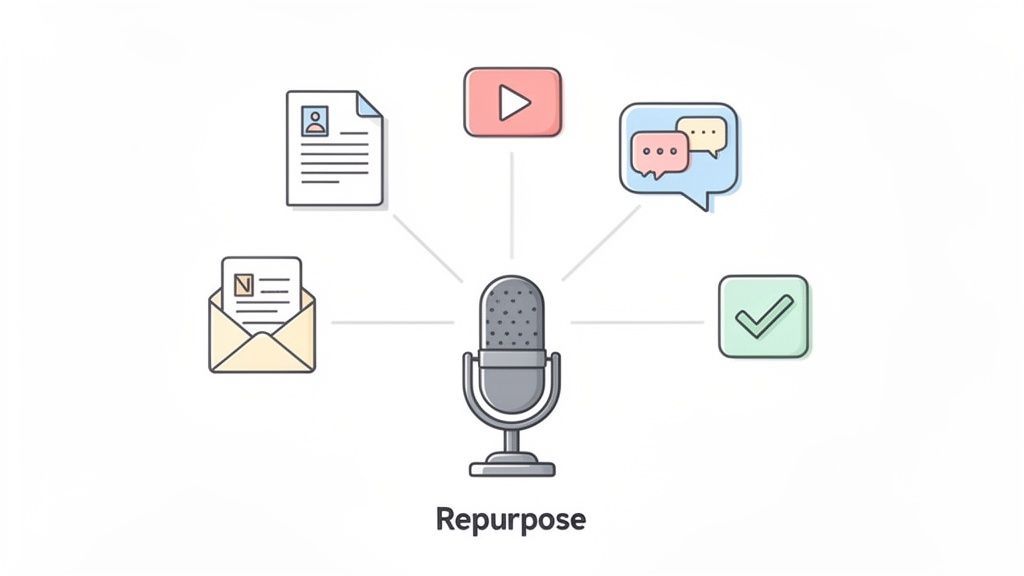 Graphic illustrating content repurposing, showing audio (microphone) converted into documents, videos, emails, and social media posts.