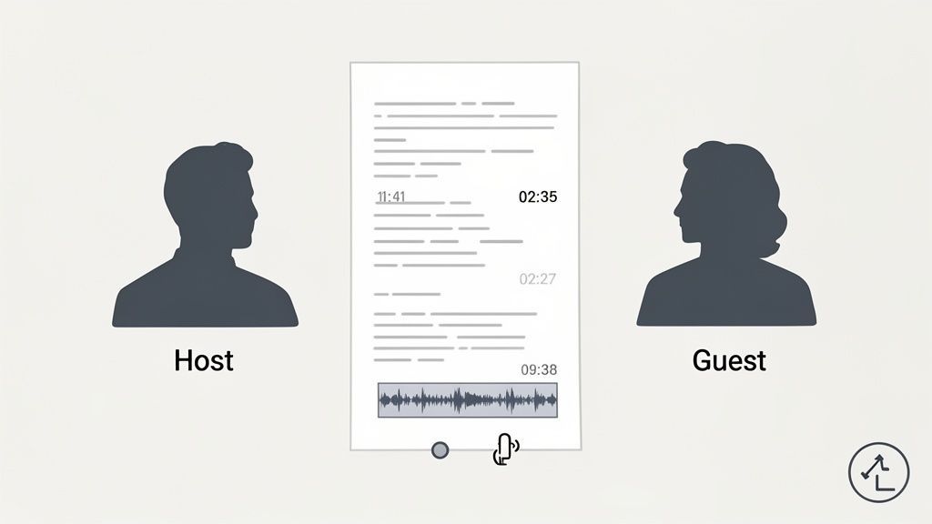 Una ilustración de una transcripción de podcast con presentador, invitado, texto, marcas de tiempo y una forma de onda de audio.