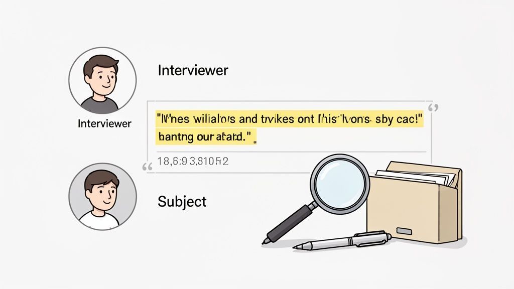 Una imagen de dibujos animados que muestra a un entrevistador y un sujeto, con una transcripción de texto resaltada y marcas de tiempo.