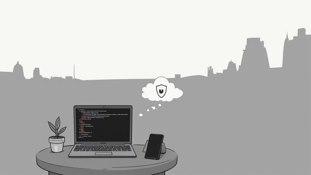 Laptop displaying code with cloud security symbol and smartphone on desk with city skyline background