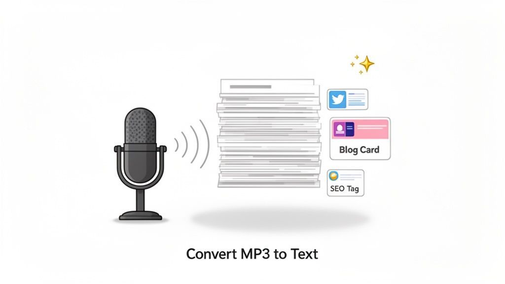 Microphone converts MP3 audio to text, generating blog cards, Twitter posts, and SEO tags.