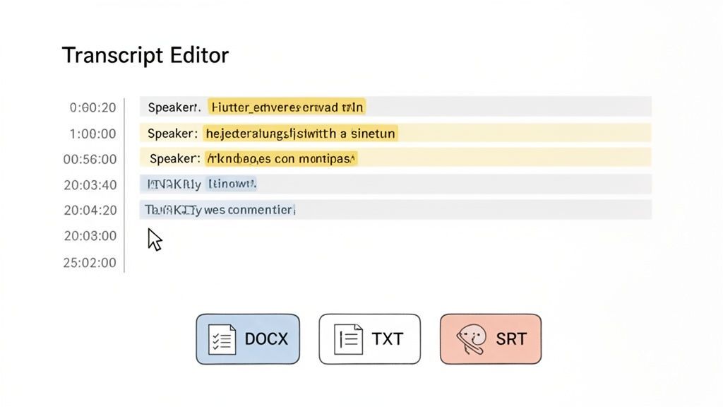 A screen displaying a transcript editor with timestamps, speaker labels, text, and export options.
