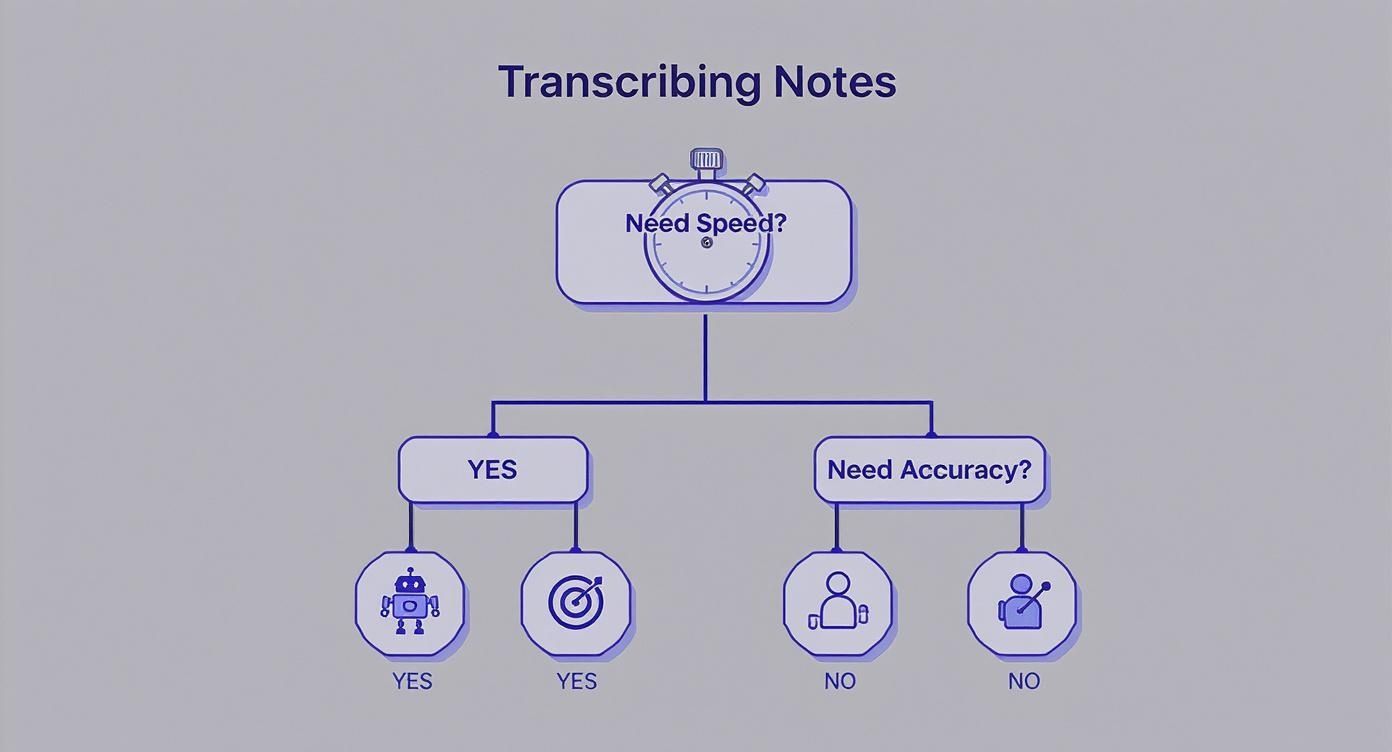 A flowchart titled 'Transcribing Notes' illustrates choices based on speed and accuracy requirements.