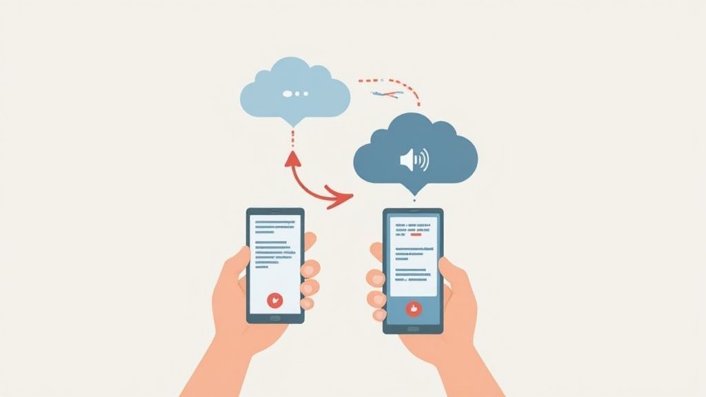 Illustration showing cloud service converting voice memos to text on smartphones.