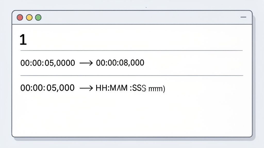 A window displaying content similar to an SRT subtitle file, showing time codes and a subtitle number.