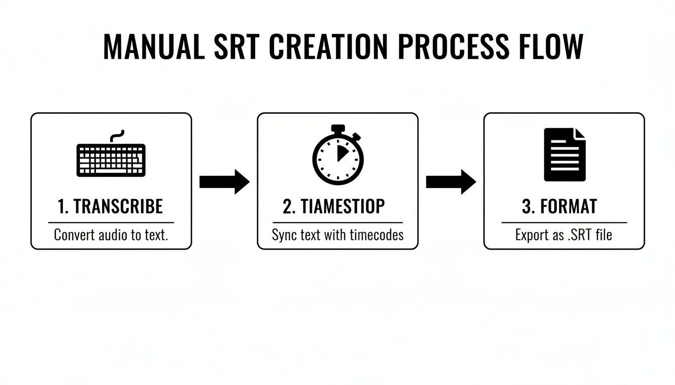 A step-by-step process flow for manual SRT subtitle creation: transcribe, sync with timecodes, and format.