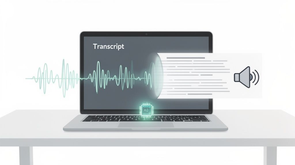An illustration of audio sound waves transformed into a text transcript on a laptop screen.