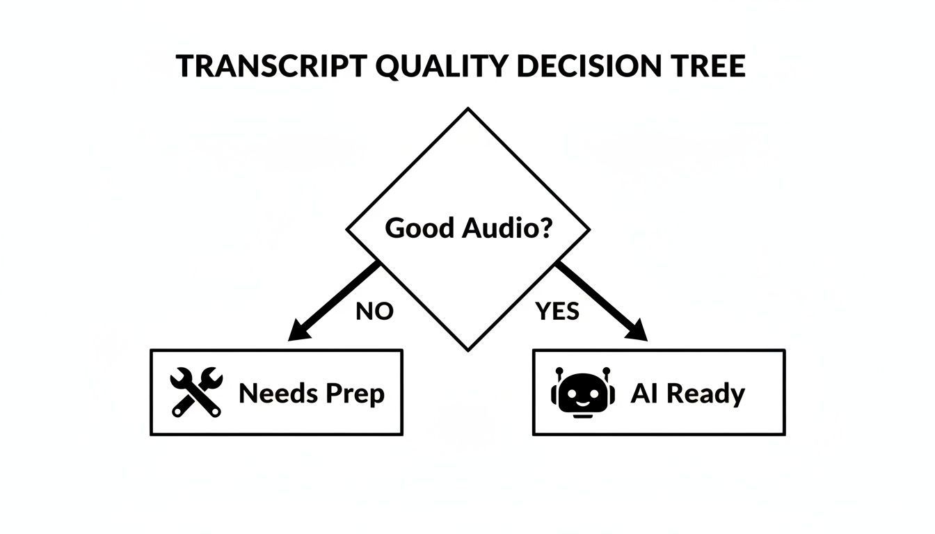A flowchart titled "Transcript Quality Decision Tree" asks "Good Audio?", branching to "Needs Prep" or "AI Ready".