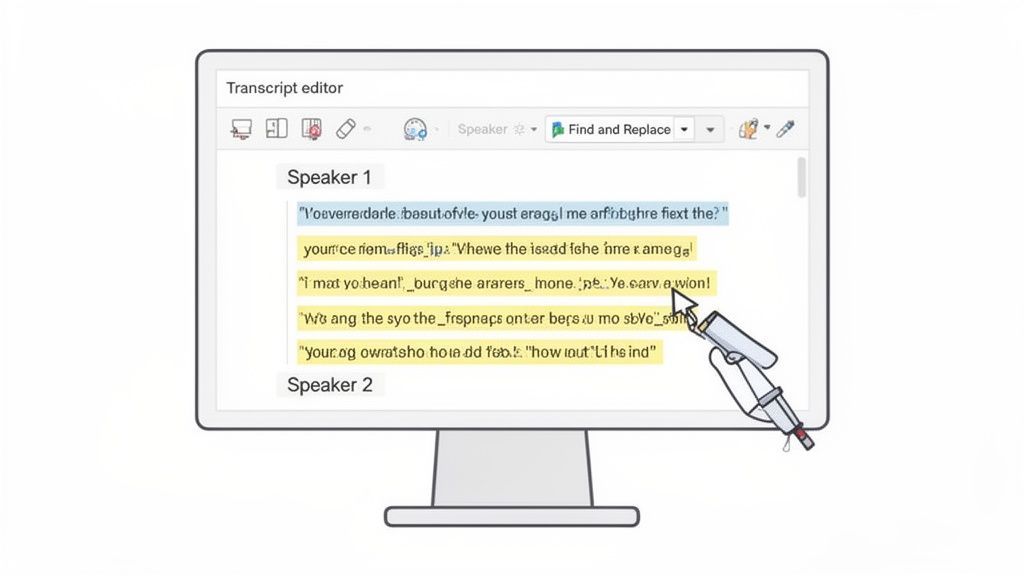 A computer monitor displays a transcript editor with highlighted text, being interacted with by a stylus.