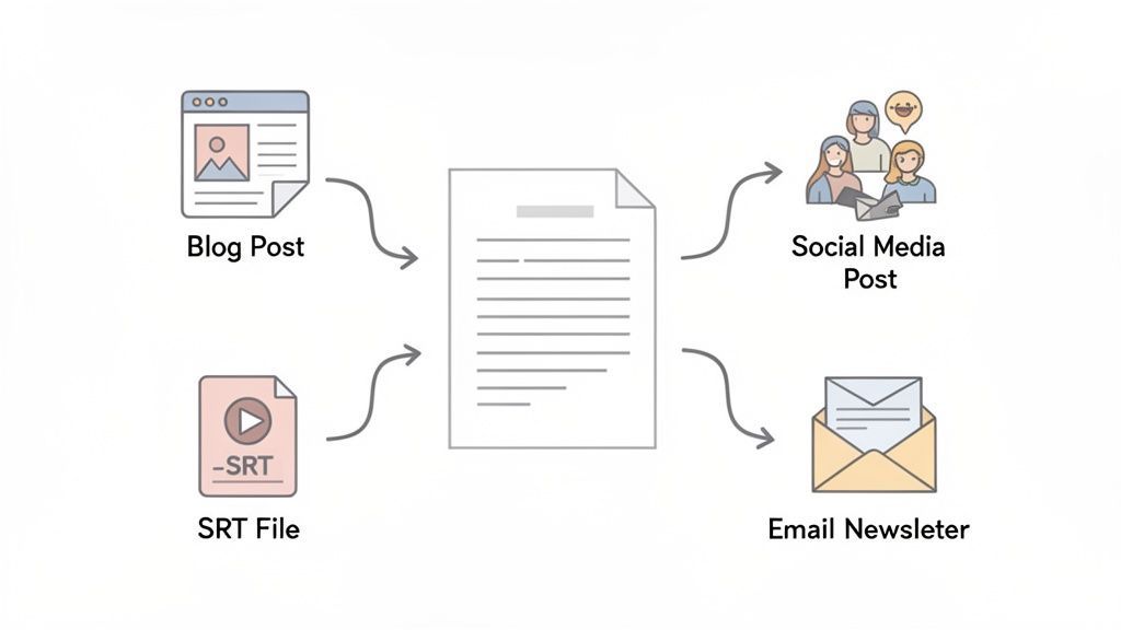 Diagram showing a transcript created from blog posts and SRT files, then repurposed for social media and email.