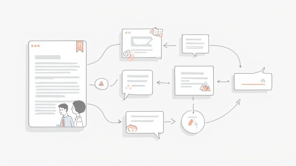 A creative workspace with a laptop showing a video transcript, surrounded by sticky notes, charts, and a tablet displaying social media icons.