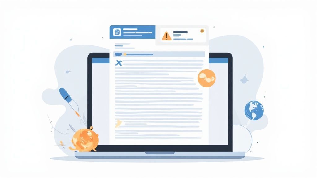 A laptop displays a digital document with a warning notification and abstract elements around it.